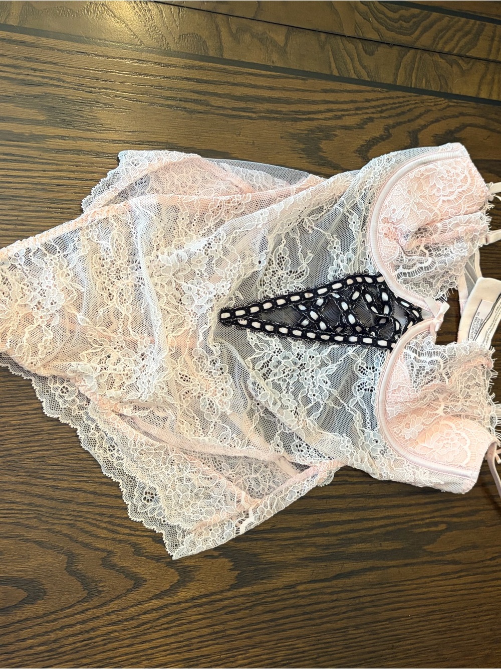 Victoria's Secret Sheer Lace Chemise in Pink with Black Trim